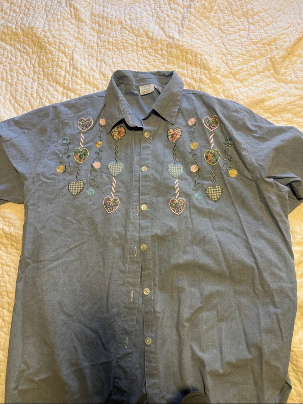 Mystic Blue Embroidered Heart & Floral Button-Down Shirt
